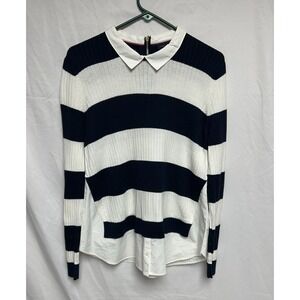 Tommy Hilfiger Sweater Combo Layer w/Collar & Hem, Blue White Stripe, Women's L